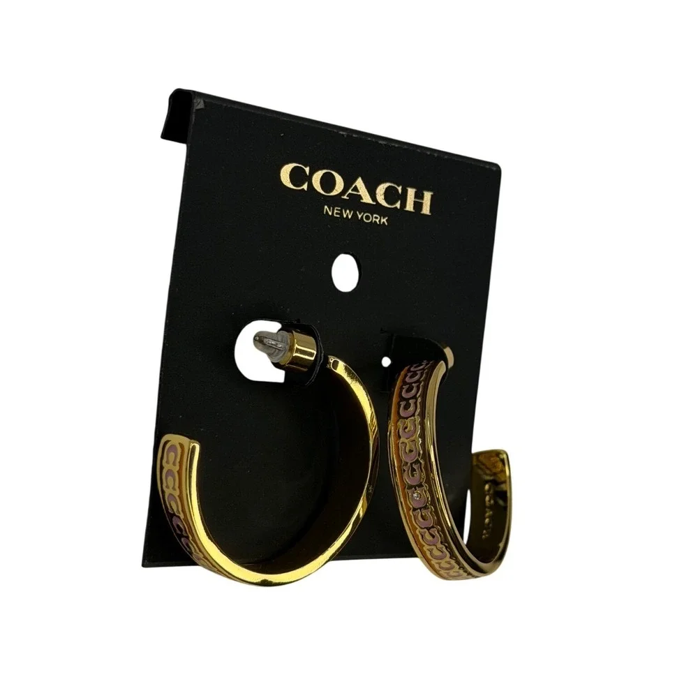 Coach Signature C Enamel Hoop Earrings Gold Tone Tan Brown Medium C-Link NWT - Picture 2 of 4